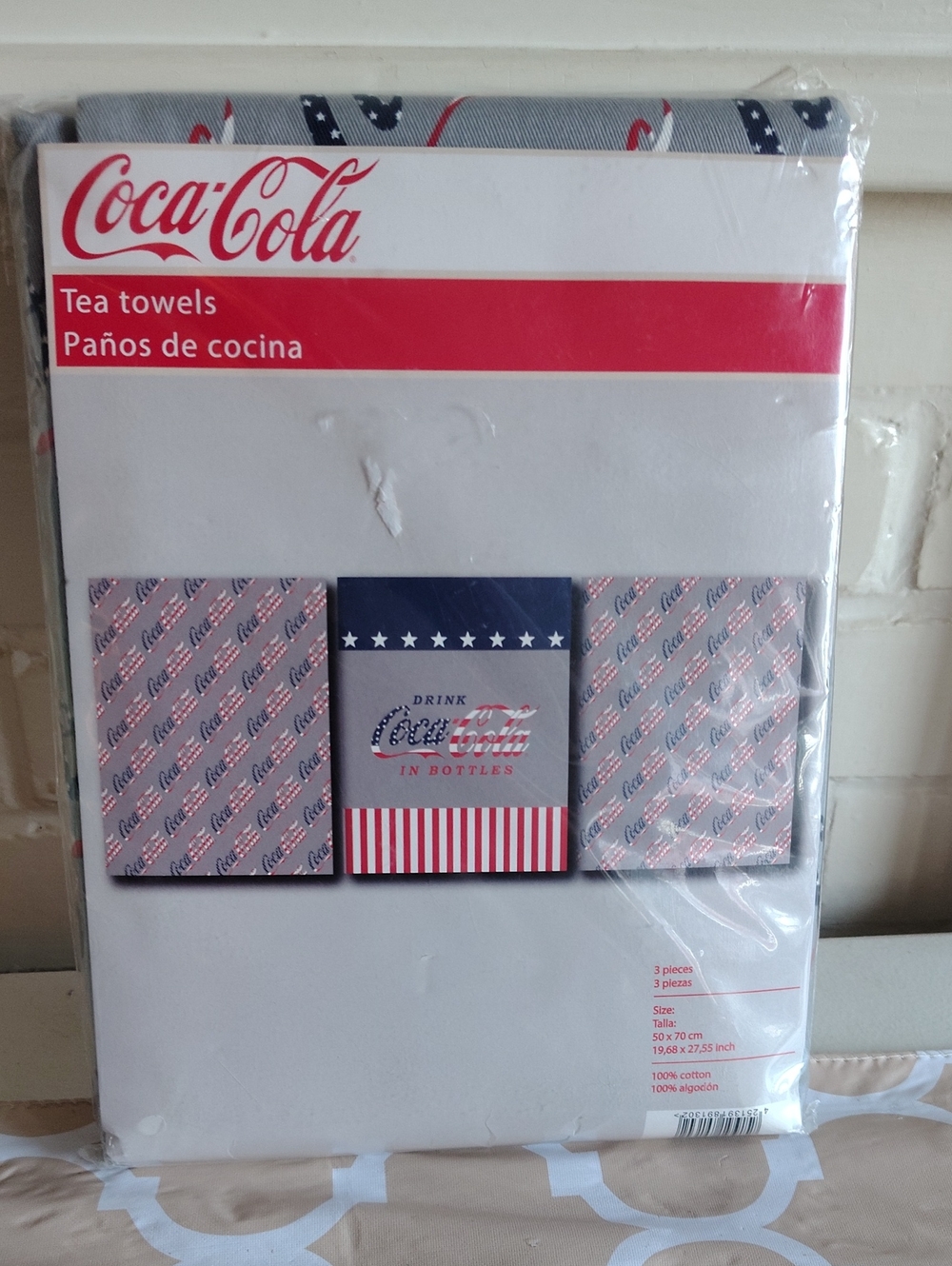 Coca-Cola 3-Piece Cotton Tea Towel Set NIP Red White Blue 19.7" x 27.5"